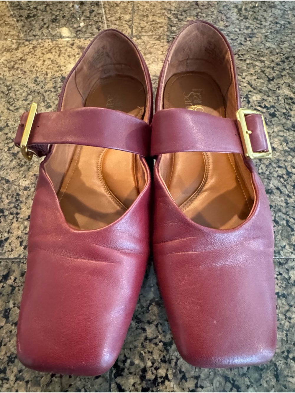 Franco Sarto Burgundy Mary Jane Flats with Gold Buckles